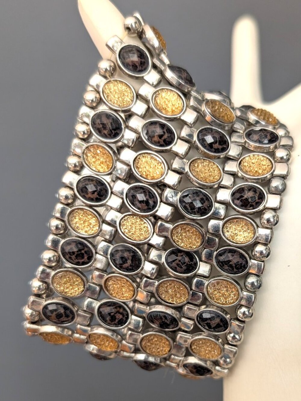 Wide cuff stretch bracelet with pale yellow and gray beads